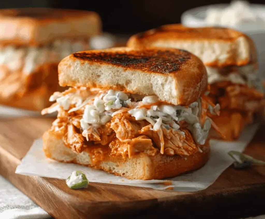 Delicious grilled buffalo chicken sandwiches topped with fresh grinder slaw on toasted buns, served with crispy fries.