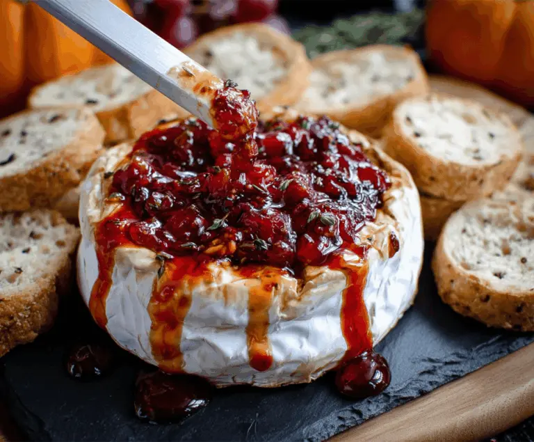Delicious Halloween Bloody Baked Brie topped with red jam and spooky garnishes for a festive party appetizer