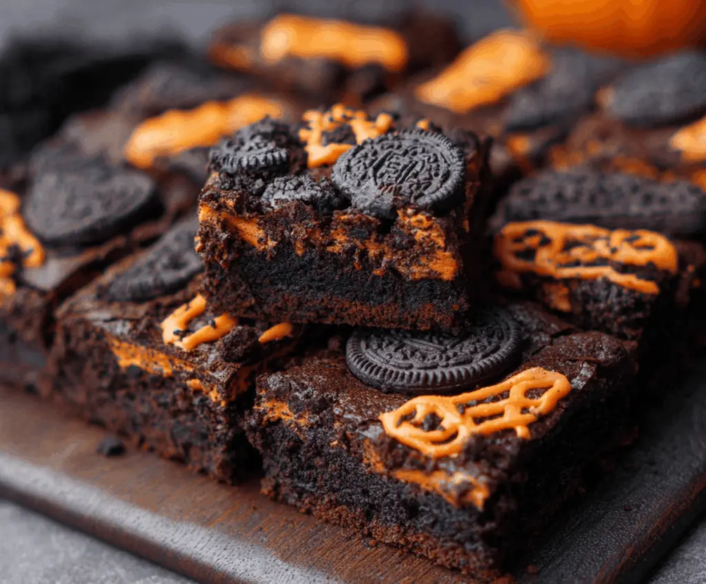 Delicious Halloween Oreo brownies topped with spooky Halloween-themed decorations and colorful candies