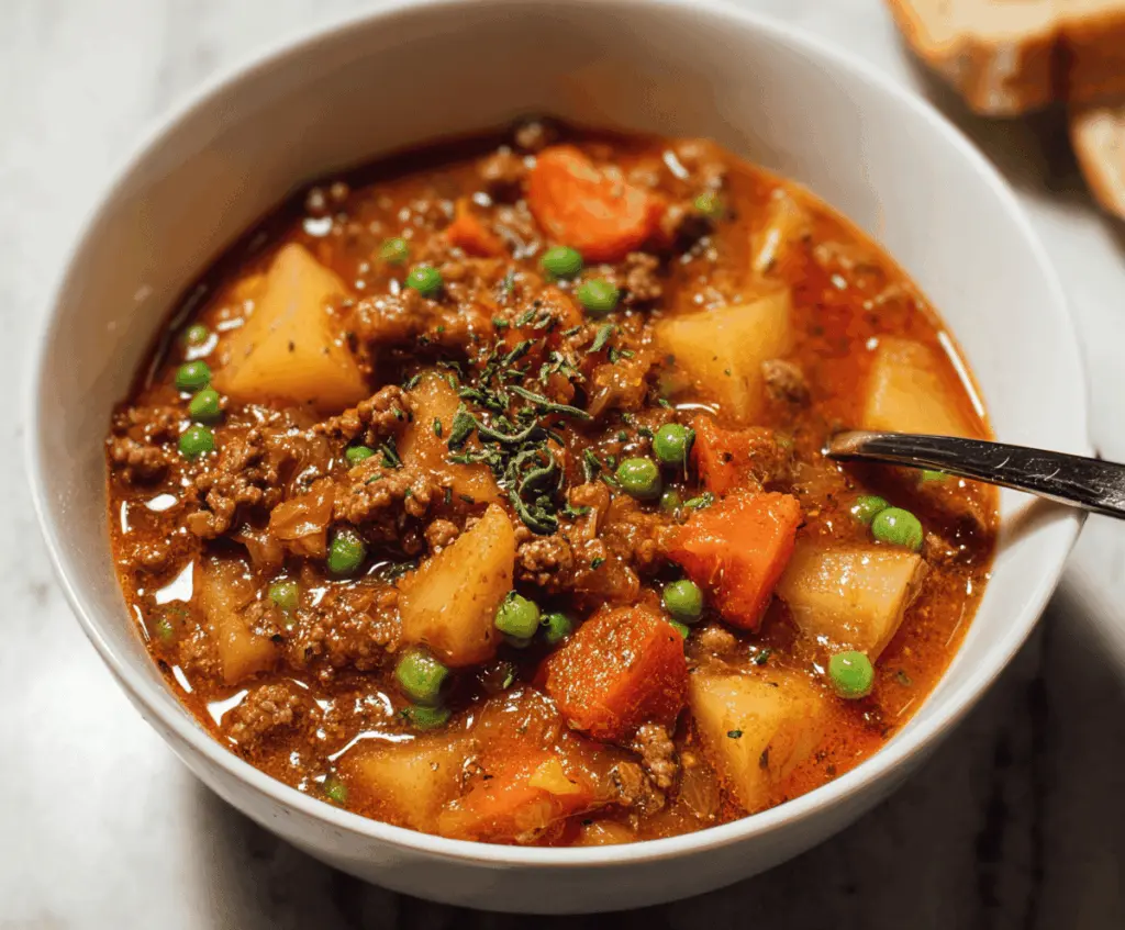 Hearty homemade Hamburger Stew with ground beef, vegetables, and flavorful broth in a rustic bowl.