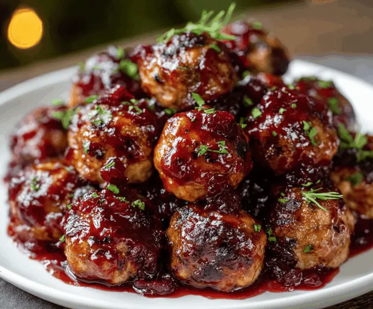 Juicy turkey meatballs topped with a glossy cranberry glaze on a serving platter, perfect for a festive harvest meal