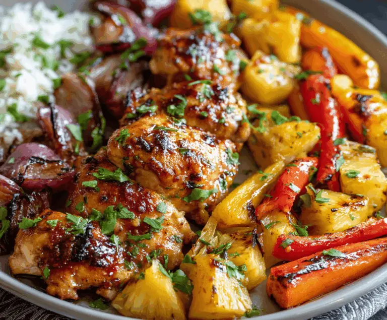 Delicious Hawaiian Chicken Sheet Pan with grilled pineapple, colorful vegetables, and seasoned chicken breasts on a baking sheet, perfect for a flavorful, easy dinner.