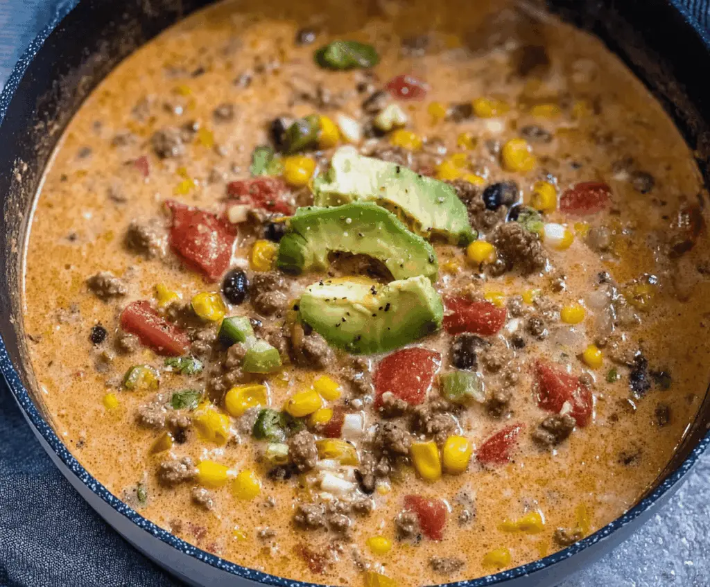 Creamy high-protein taco soup in a bowl with fresh toppings, perfect for a healthy and filling meal