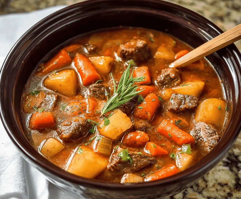 Hearty homemade beef stew with tender beef chunks, fresh vegetables, and savory broth served in a rustic bowl.