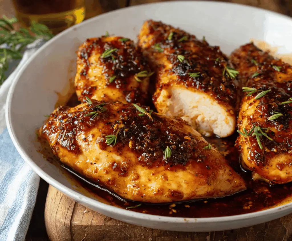 Juicy baked chicken breasts drizzled with spicy honey glaze, garnished with herbs.