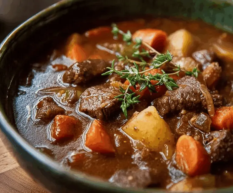 A hearty bowl of Irish Stew featuring tender lamb, potatoes, carrots, onions, and fresh herbs served in a rustic bowl for a comforting traditional Irish dish.