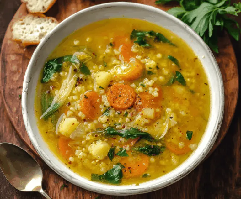 A bowl of hearty Italian Penicillin Soup featuring fresh vegetables, herbs, and chunks of tender meat, served in a rustic bowl on a wooden table.