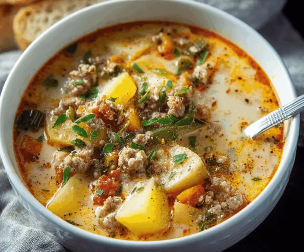 Creamy Italian sausage and potato soup with fresh herbs in a bowl, perfect for a cozy meal