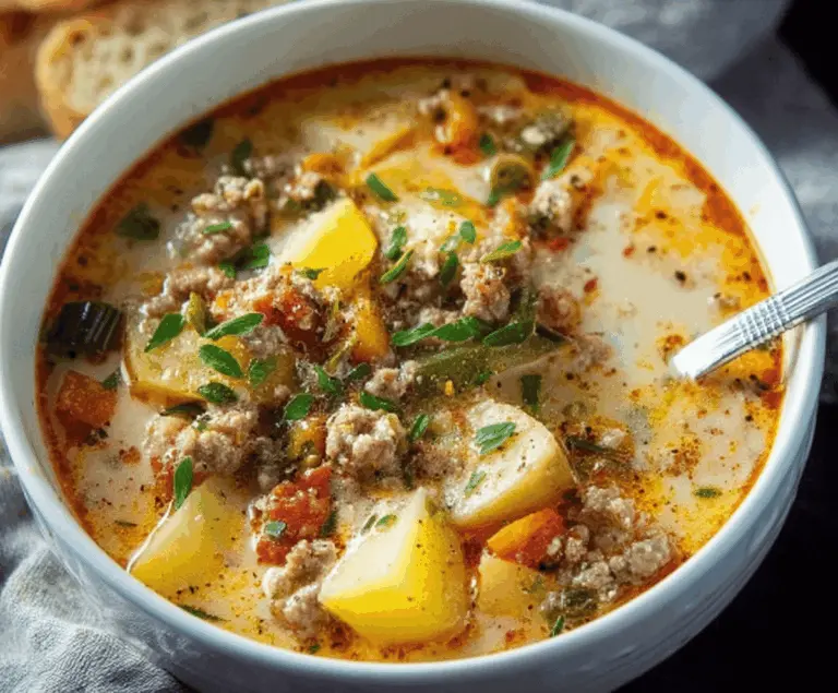 Creamy Italian sausage and potato soup with fresh herbs in a bowl, perfect for a cozy meal