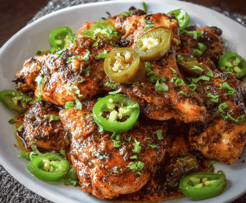 Spicy jalapeno chicken dish featuring grilled chicken breasts topped with chopped jalapenos and fresh herbs.