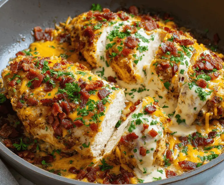 Creamy keto crack chicken with tender shredded chicken, crispy bacon, melted cheese, and green onions in a delicious low-carb sauce.