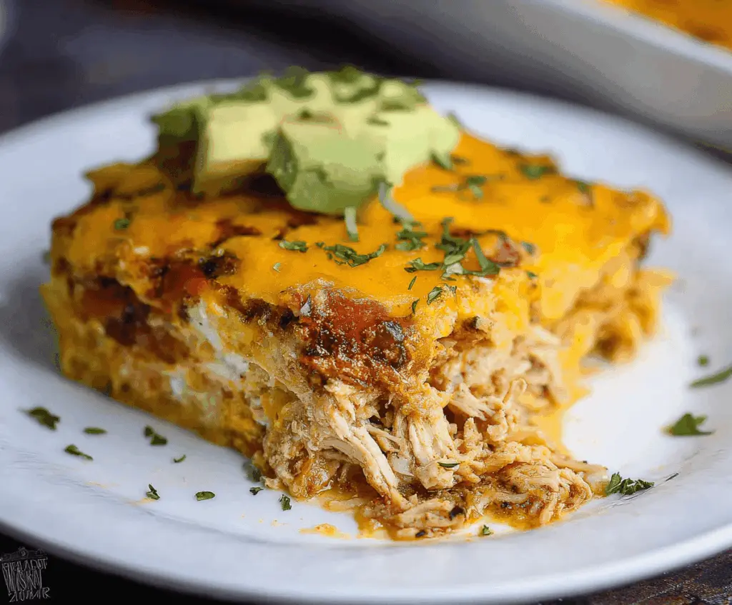 Delicious keto Mexican chicken casserole topped with cheese and fresh cilantro, perfect for low-carb Mexican-inspired meals.