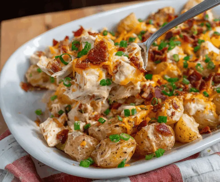 Creamy Loaded Potato Ranch Chicken Casserole topped with melted cheese, crispy bacon, and green onions, served in a baking dish.