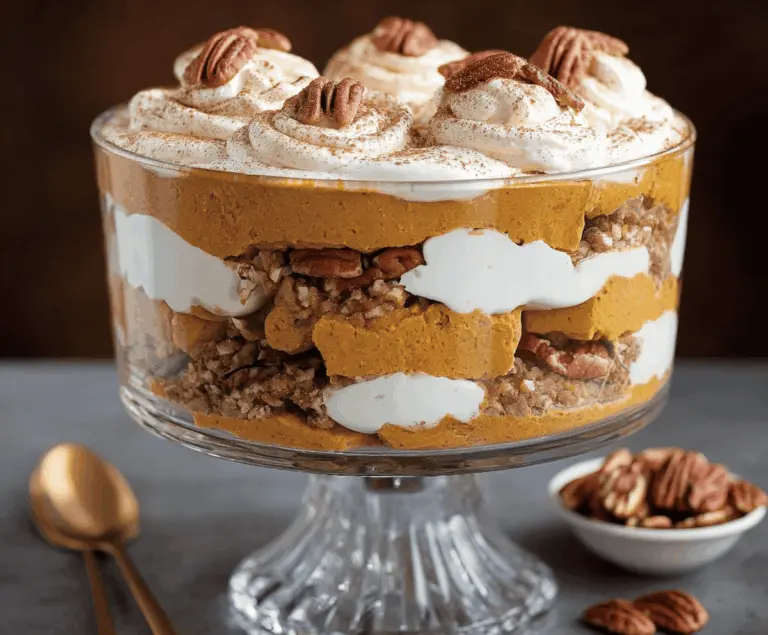 Delicious Maple Pecan & Pumpkin Cheesecake Trifle with layers of cream, pecans, and pumpkin-flavored cheesecake.