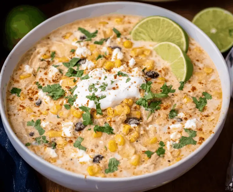 Creamy Mexican street corn soup cooked in a crockpot, featuring corn, cheese, and flavorful spices, perfect for a delicious and easy-to-make appetizer or meal.