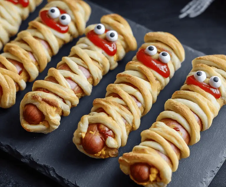 Plate of spooky Mummy Hot Dogs wrapped in crescent dough with googly eyes, perfect for Halloween parties.