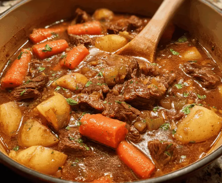 Hearty Old Fashioned Beef Stew in a rustic bowl with tender beef chunks, vegetables, and rich broth, perfect for comforting meals.
