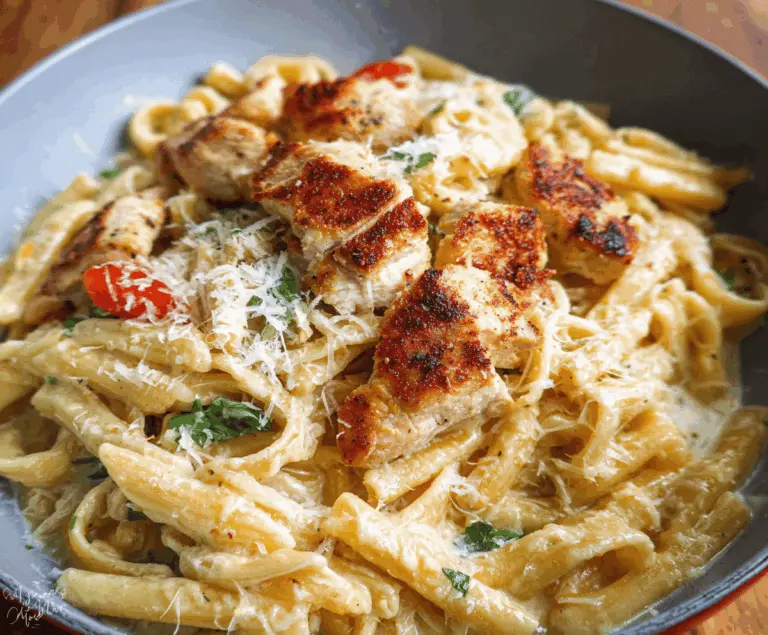 Creamy Parmesan Chicken Pasta with grilled chicken, al dente pasta, and melted cheese served on a white plate.