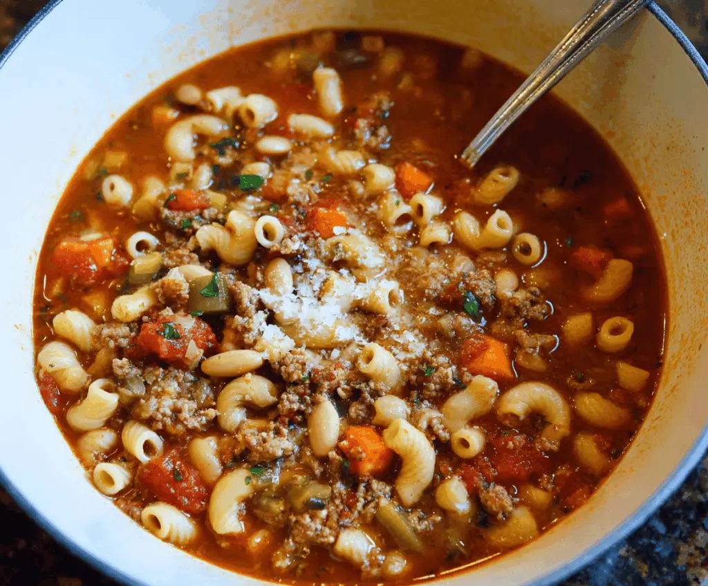 A bowl of Pasta Fagioli soup featuring pasta, beans, and fresh herbs in a savory broth, served in a rustic bowl with bread on the side.