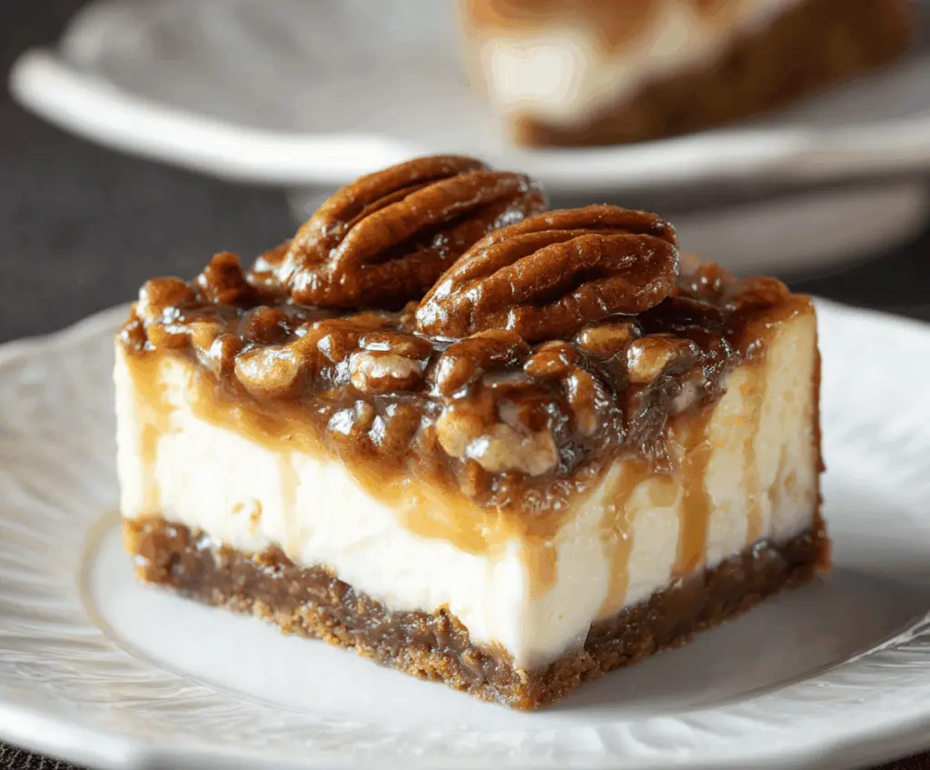 Delicious Pecan Pie Cheesecake with a crunchy pecan topping and creamy filling on a dessert plate.