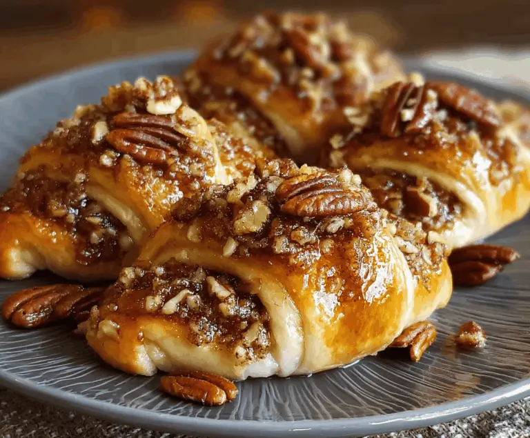 Delicious Pecan Pie Crescent Rolls topped with caramelized pecans and golden crust, perfect for a sweet dessert or snack.