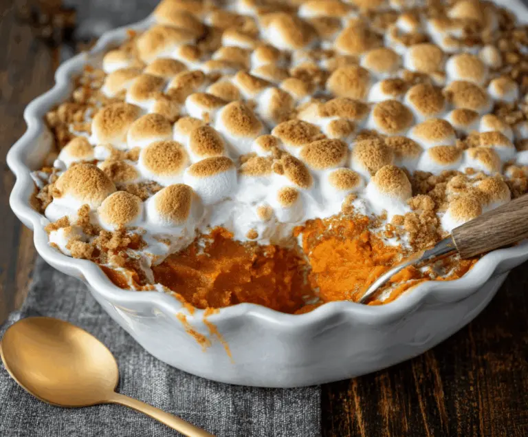 Delicious sweet potato casserole topped with marshmallows for Thanksgiving dinner.