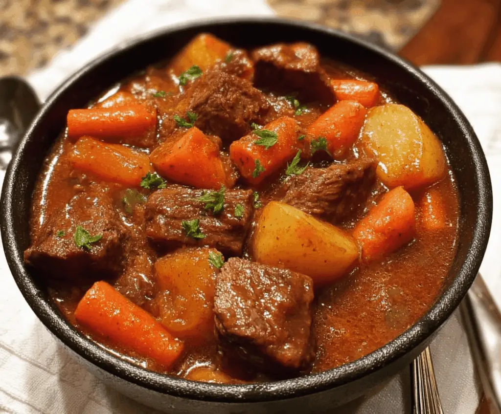 Hearty Pioneer Woman's Crockpot Beef Stew with tender beef chunks, carrots, potatoes, and fresh herbs in a rustic bowl