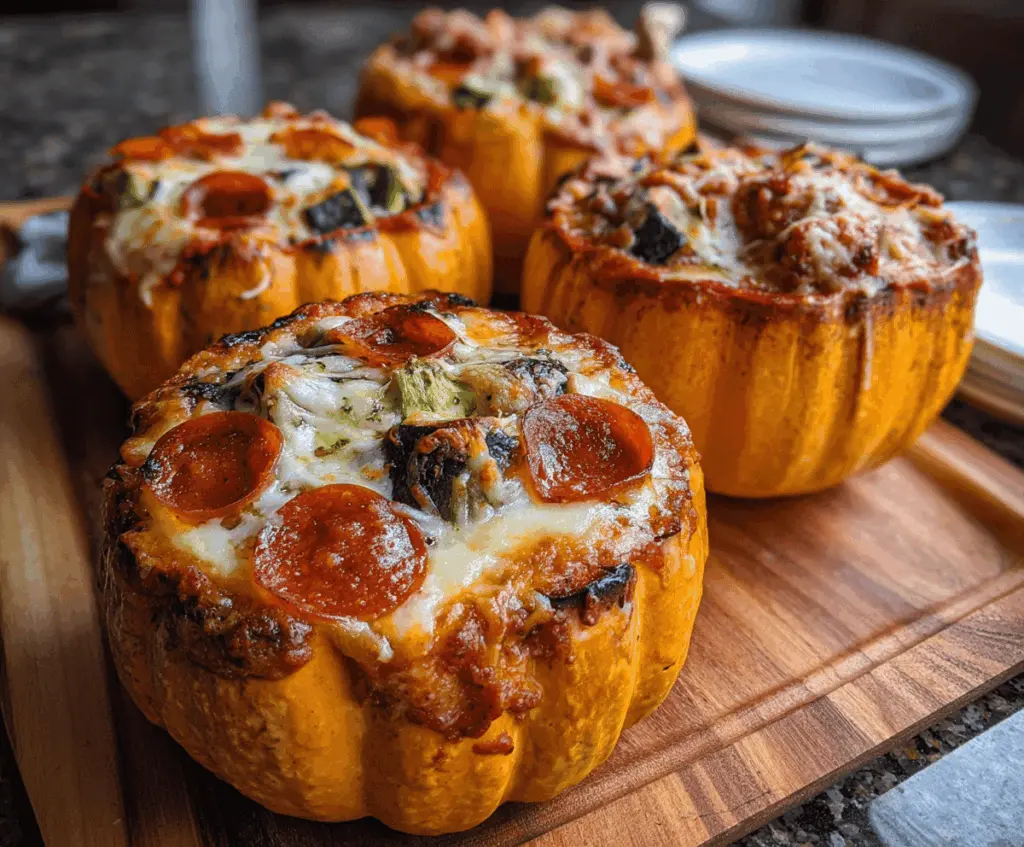 Delicious pizza-stuffed pumpkins filled with melted cheese, pepperoni, and herbs, perfect for a savory autumn appetizer or main course.