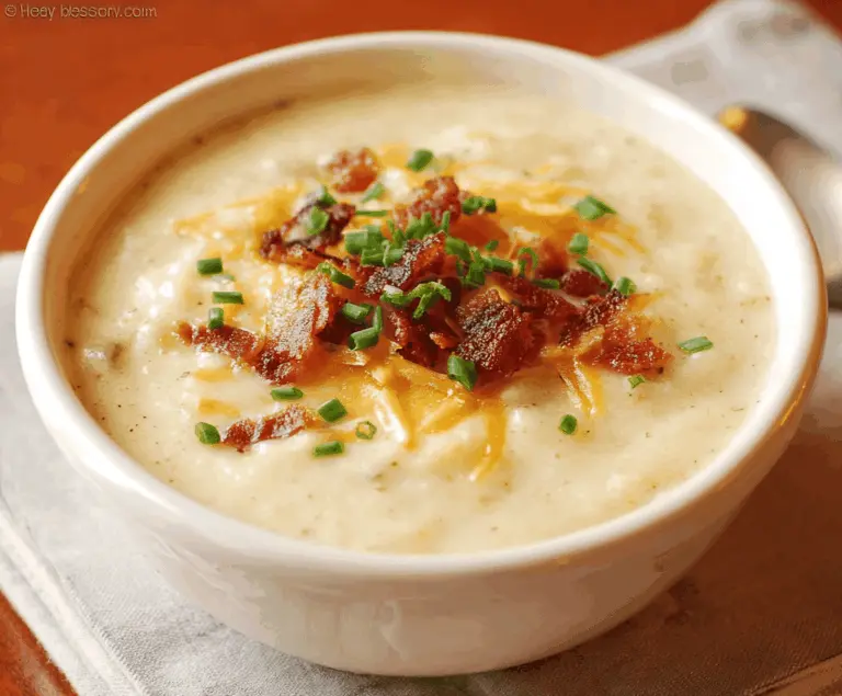 Creamy potato soup in a bowl garnished with fresh herbs and crispy bacon, perfect for a comforting meal.