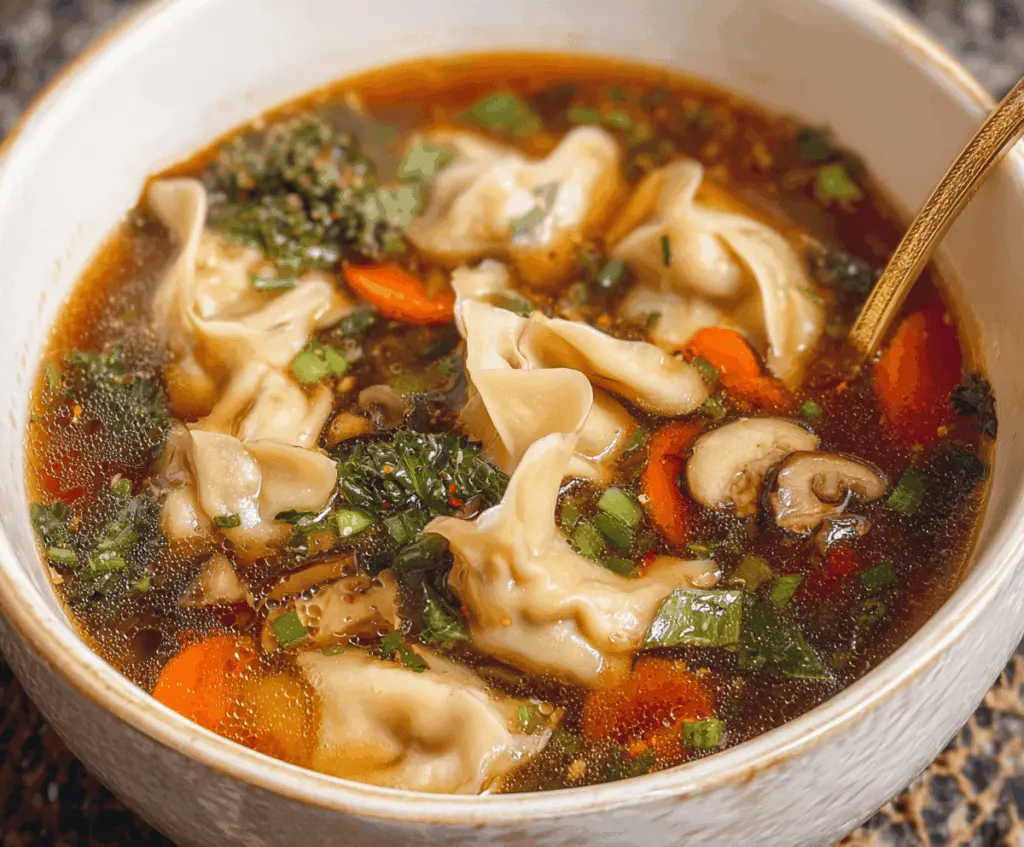 A steaming bowl of potsticker soup with golden fried potstickers, fresh green onions, and clear savory broth, served in a white ceramic bowl.