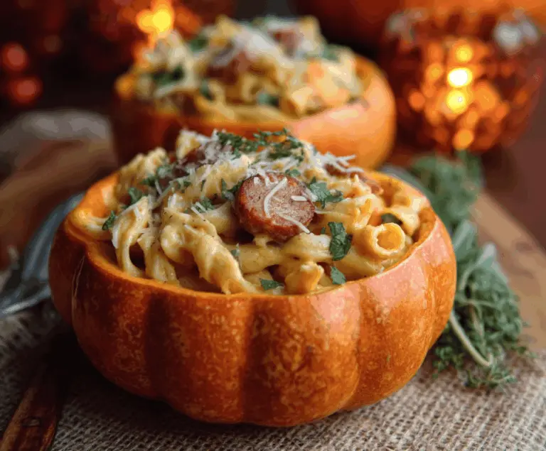 Creamy pumpkin Alfredo pasta served in spooky cauldron-shaped bowls, perfect for Halloween dinners