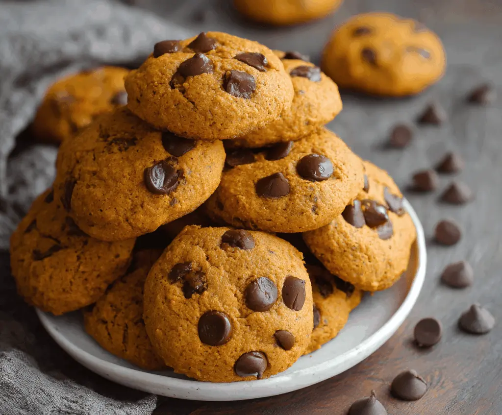 Delicious homemade pumpkin chocolate chip cookies with soft texture and melty chocolate chips on a plate, perfect for fall treats.