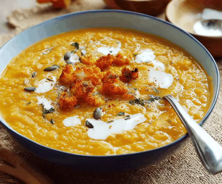 Creamy pumpkin curry soup garnished with fresh herbs in a rustic bowl, perfect for fall meals.