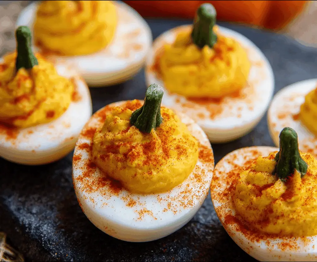 Creamy deviled eggs decorated with pumpkin-themed toppings for a festive Pumpkin Patch Deviled Eggs recipe, perfect for fall gatherings.