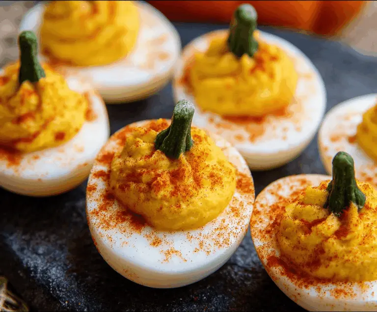 Creamy deviled eggs decorated with pumpkin-themed toppings for a festive Pumpkin Patch Deviled Eggs recipe, perfect for fall gatherings.