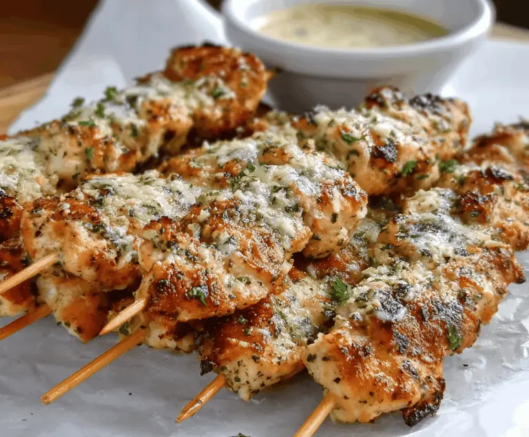 Delicious Ranch Garlic Parmesan Chicken Skewers showcasing grilled chicken with creamy herb coating