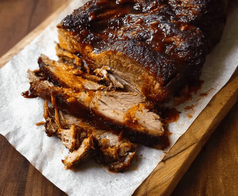 Tender slow cooker BBQ beef brisket served with barbecue sauce and garnished with fresh herbs, perfect for a flavorful and easy family meal.