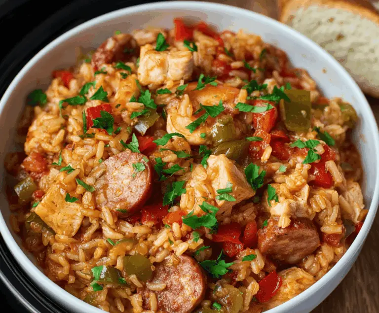 Delicious slow cooker chicken jambalaya with rice, colorful bell peppers, and savory spices served in a bowl.