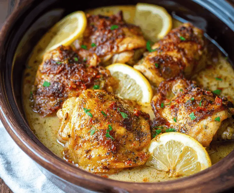 Juicy and tender slow cooker chicken thighs seasoned and cooked to perfection, served on a plate with fresh herbs