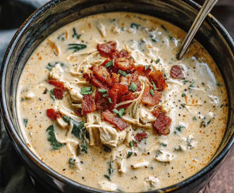 Creamy Crack Chicken Soup in a slow cooker, featuring tender chicken, crispy bacon, melted cheese, and fresh herbs in a savory broth