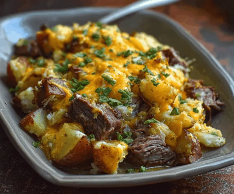 Delicious Slow Cooker Steak and Cheddar Potato Casserole topped with melted cheese and fresh herbs in a baking dish