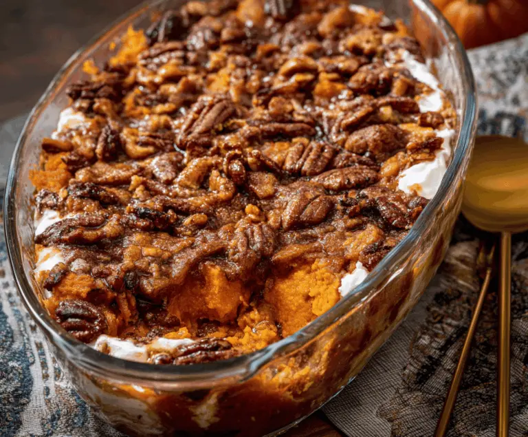 Creamy Southern Maple Sweet Potato Casserole topped with toasted marshmallows and pecans, perfect for holiday celebrations