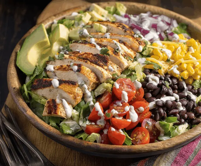 Fresh Southwest Chicken Salad with grilled chicken, mixed greens, corn, black beans, cherry tomatoes, shredded cheese, and avocado slices in a vibrant bowl.
