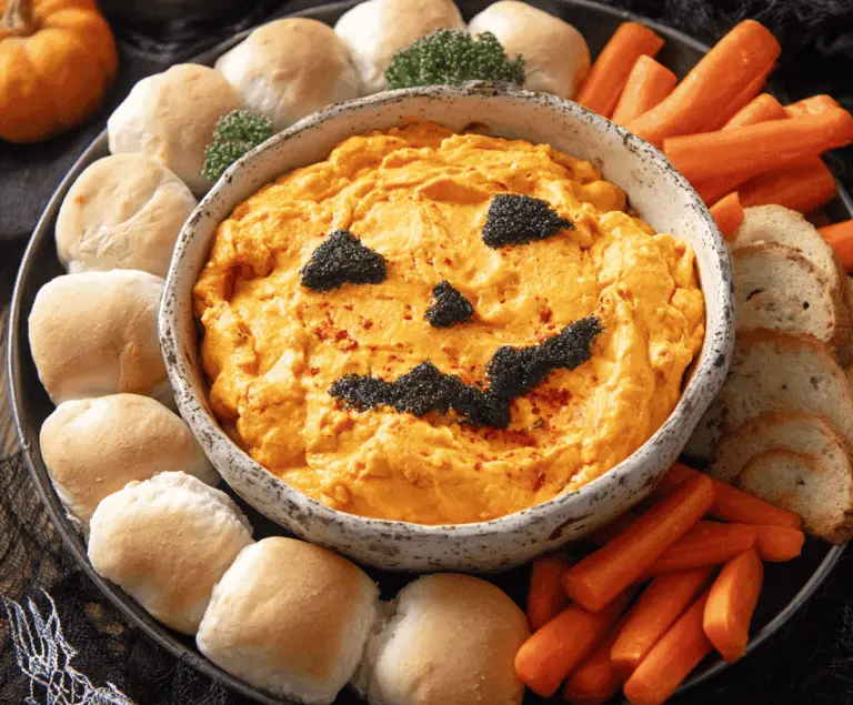 Spooky Halloween Buffalo Dip served in a Halloween-themed bowl with celery sticks and tortilla chips, perfect for Halloween parties.