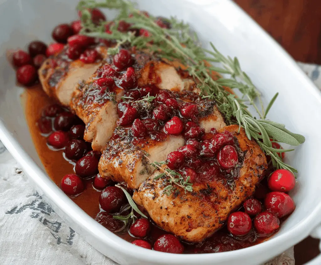 Juicy roasted turkey breast served with a vibrant cranberry orange sauce on a white platter, perfect for holiday dinner