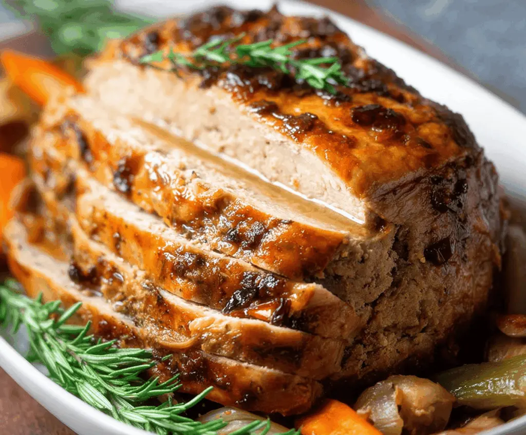 Delicious vegan turkey roast served with fresh seasonal vegetables for a festive holiday meal.
