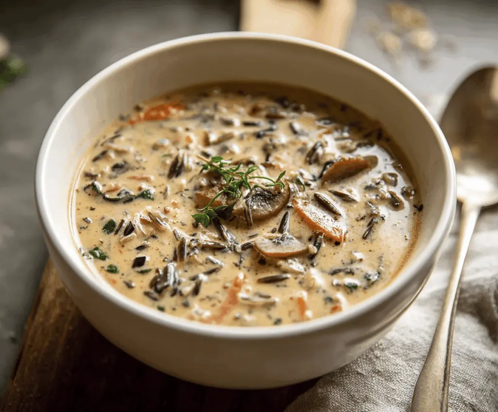 Creamy wild rice mushroom soup served in a bowl with fresh herbs, featuring wild rice, sliced mushrooms, and a rich broth for a hearty, comforting meal.