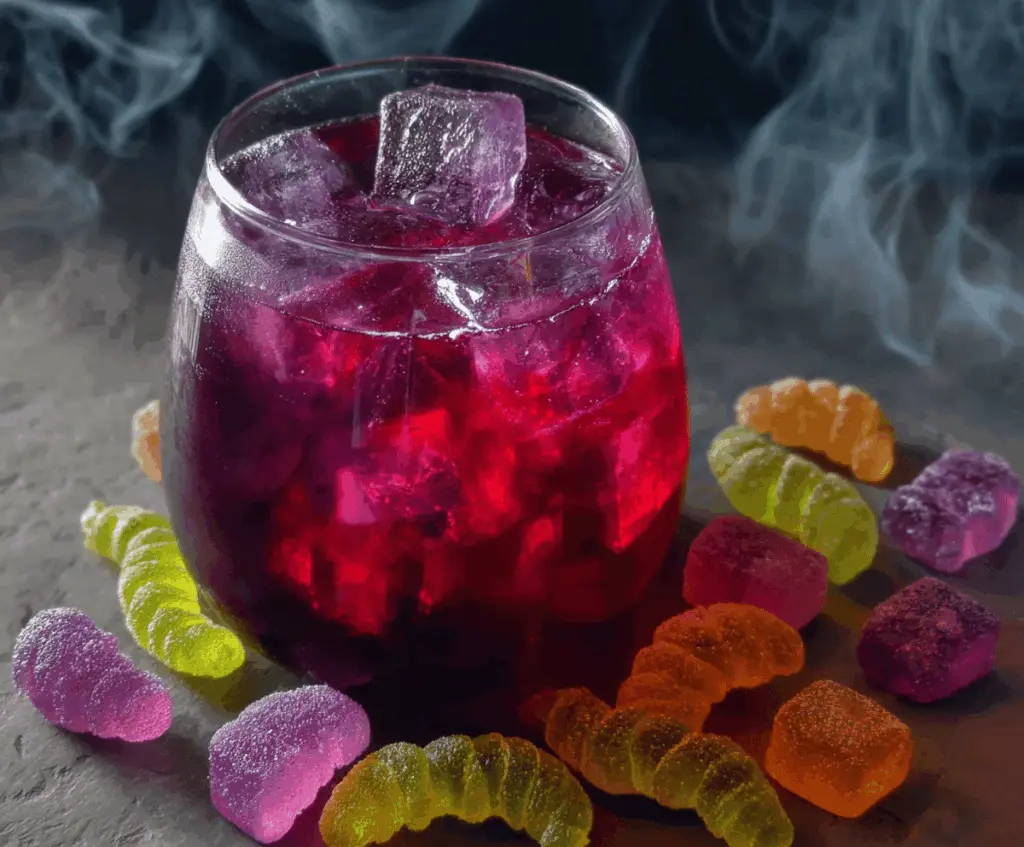 Colorful Witch’s Potion Punch served in a spooky cauldron with floating gummy worms and dry ice smoke, perfect for Halloween parties.