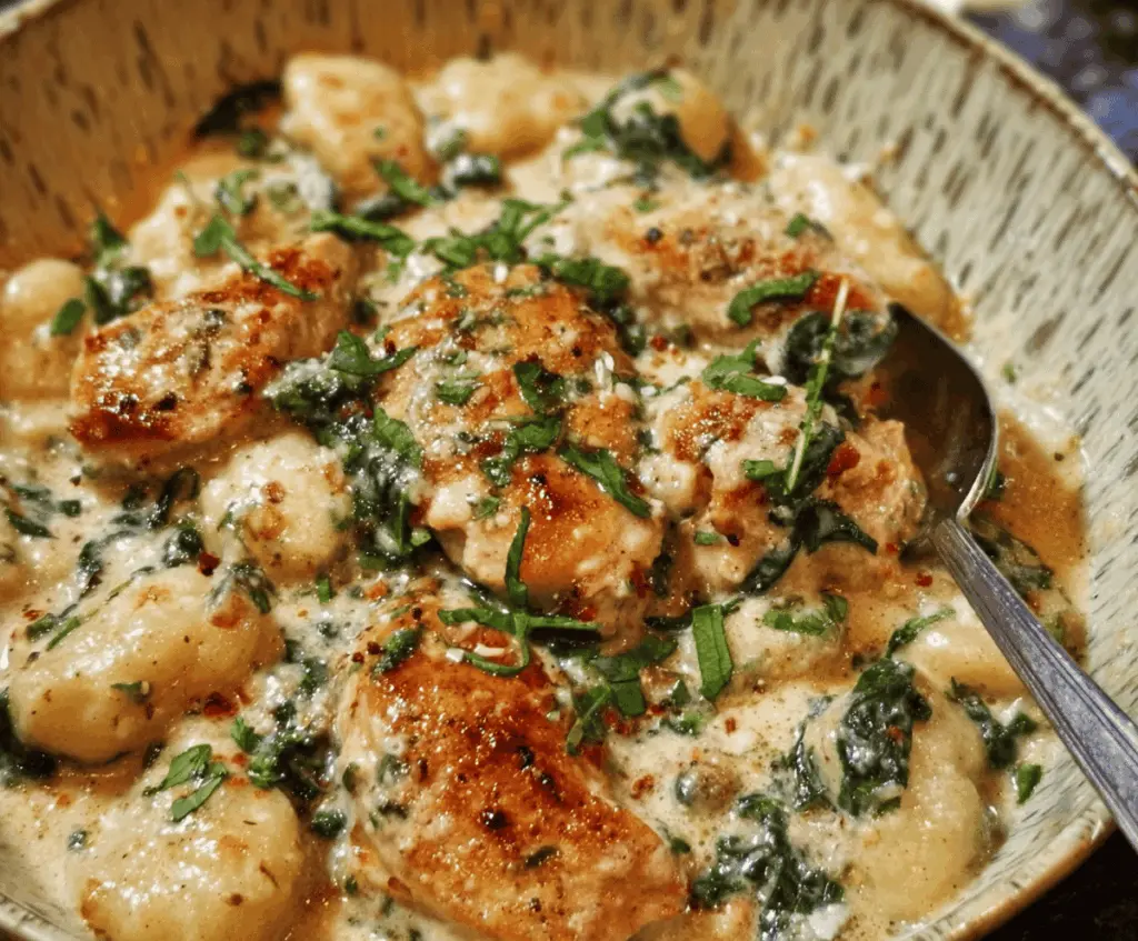 Creamy Asiago Chicken Gnocchi with fresh herbs on a rustic plate