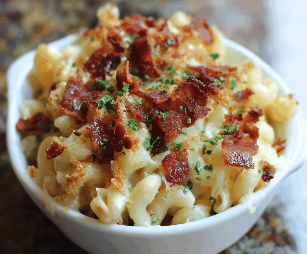 Creamy bacon mac and cheese served in a bowl with crispy bacon bits on top